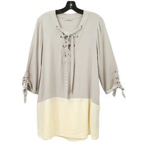 Jodifl Tunic Top Blouse Lace Up Tie Neck 3/4 Sleeve Size M/L Pockets Gray Cream